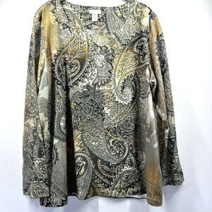 Chicos Women's Top Size XL Paisley Earth Tones Sheer Mesh Long Sleeves Pullover